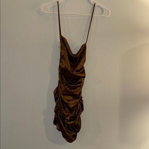 Elegant Brown Ruched Satin Dress